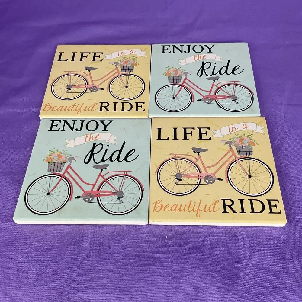 Ceramic Vintage Bike Coasters Set of 4 - Floral Basket Bicycle Home Decor
